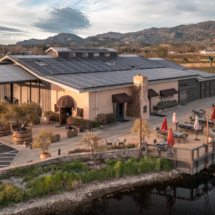 Ariel photo of reynolds family patio, winery, and pond